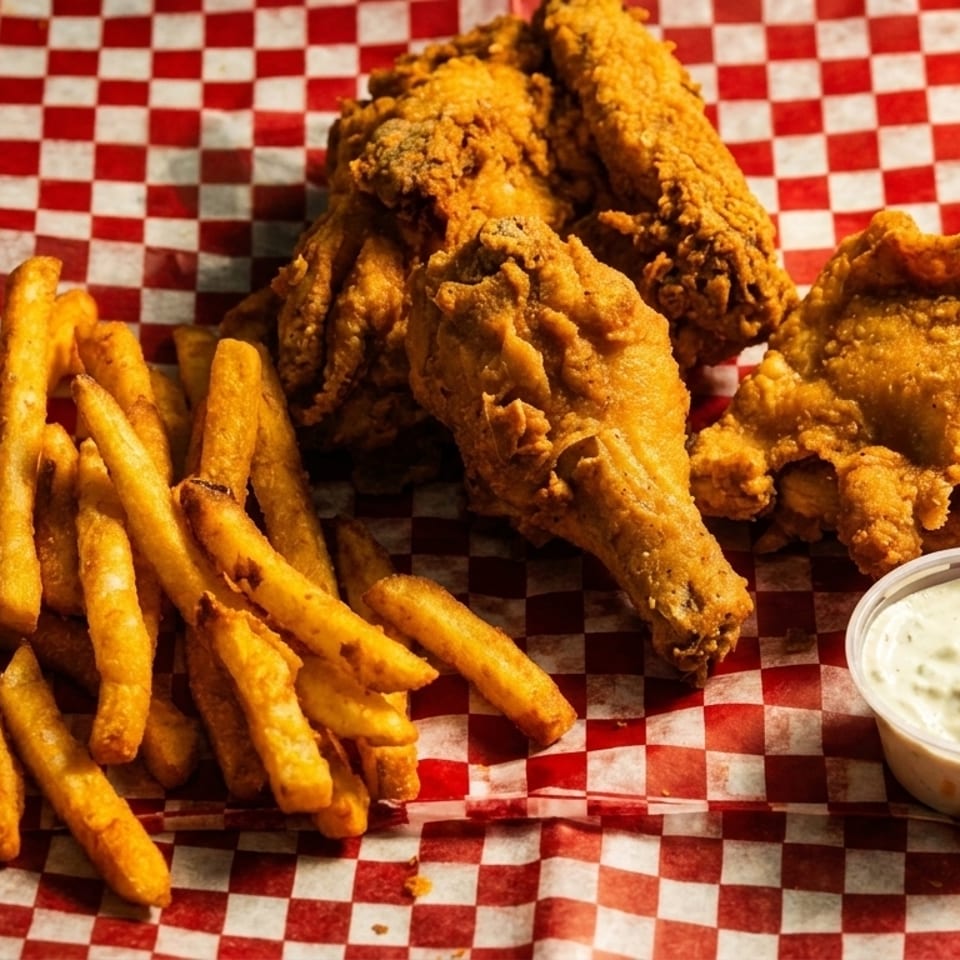 Crispy fried chicken pieces and golden french fries with a side of dipping sauce on red and white checkered paper.