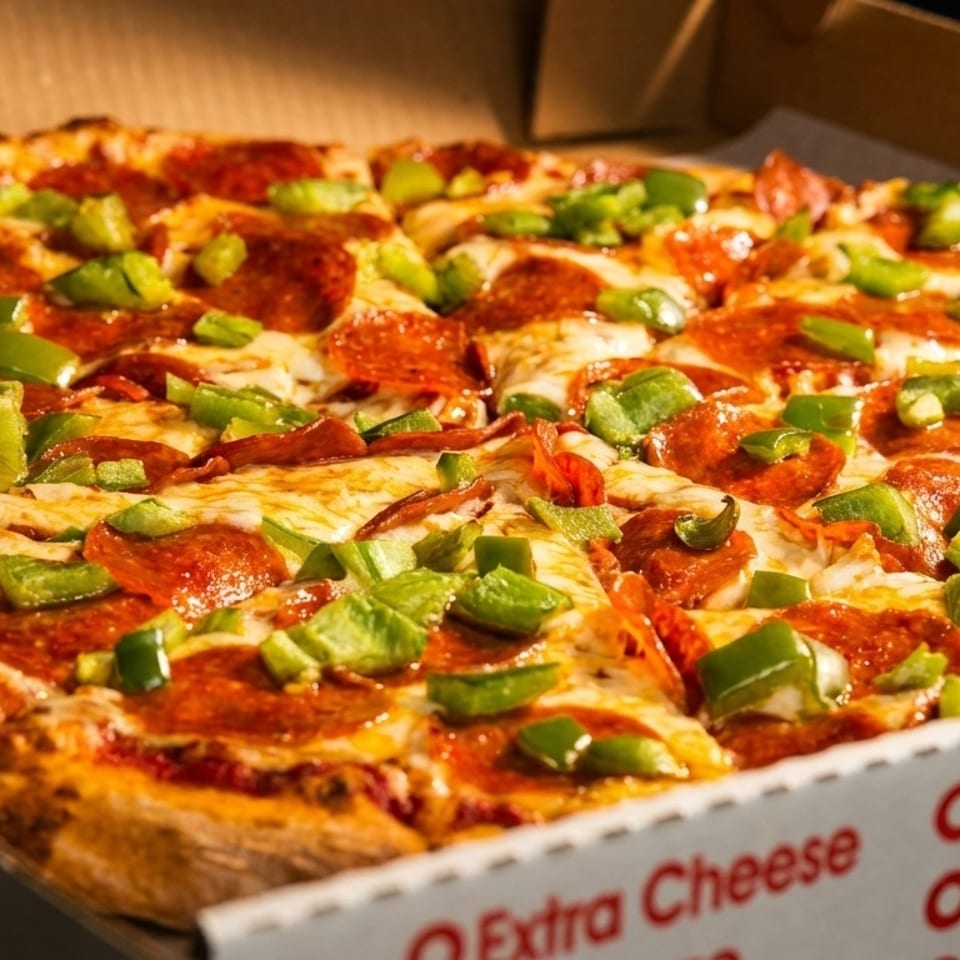 A pepperoni and green pepper pizza in a cardboard delivery box, with text "Extra Cheese" visible.