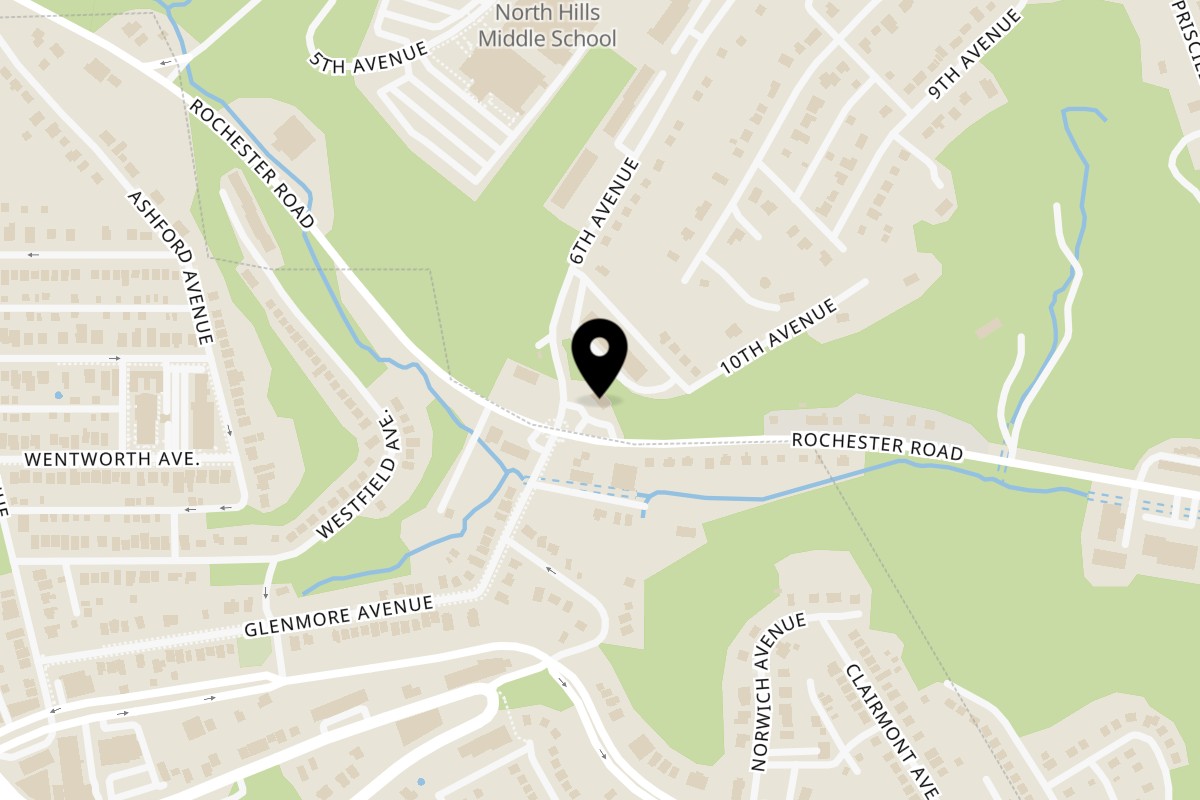 Map showing the location of Franks Pizza and Chicken North Hills on 101 Rochester Rd in Pittsburgh